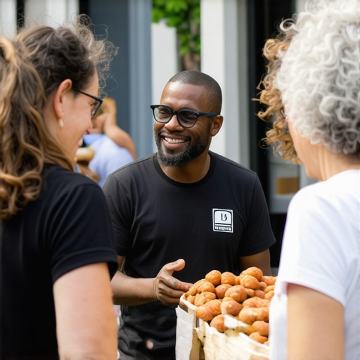 Community Engagement for Local SEO Business owner interacting with community at local event