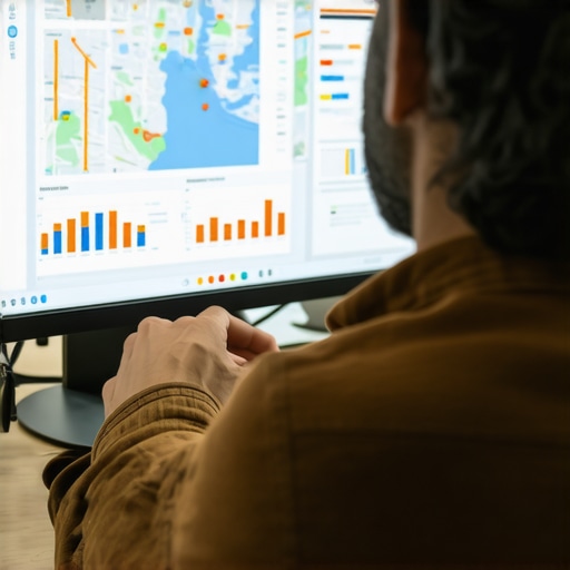 SEO specialist reviewing local map pack analytics on a laptop.