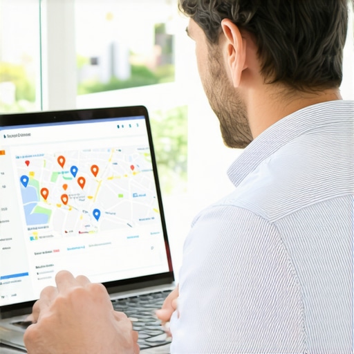 Business owner working on Google My Business profile on laptop with maps icons.