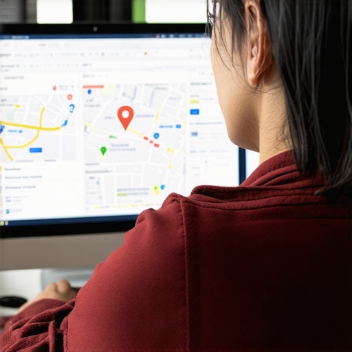 SEO strategist reviewing local search rankings on a laptop with Google Maps results displayed.