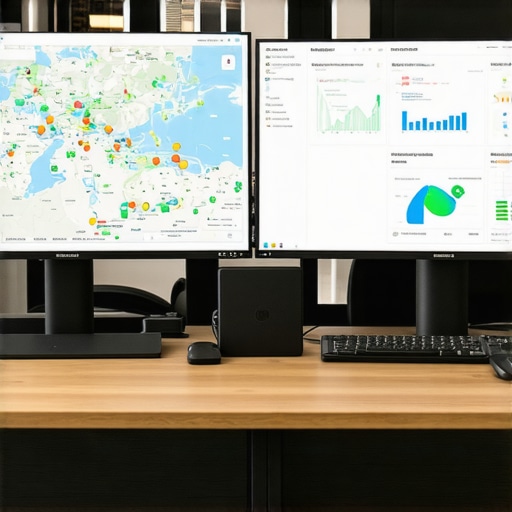 Efficient Map Pack Management Setup Modern workspace showing maps and analytics on dual monitors for local SEO