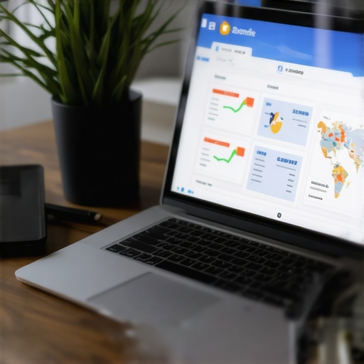 Local SEO Analytics Dashboard Office desk with laptop showing local SEO performance charts and maps.