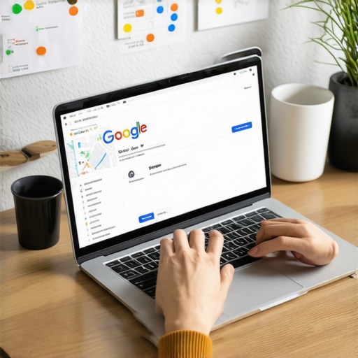 Local SEO Optimization in Action A person working on Google My Business profile on laptop with maps and SEO tools