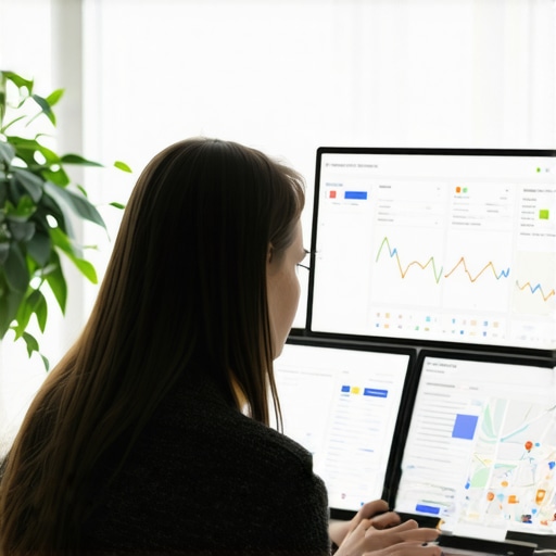 Person reviewing local SEO analytics on a computer with Google Maps and data charts.