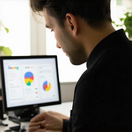 Business owner working on Google My Business profile optimization with digital analytics tools