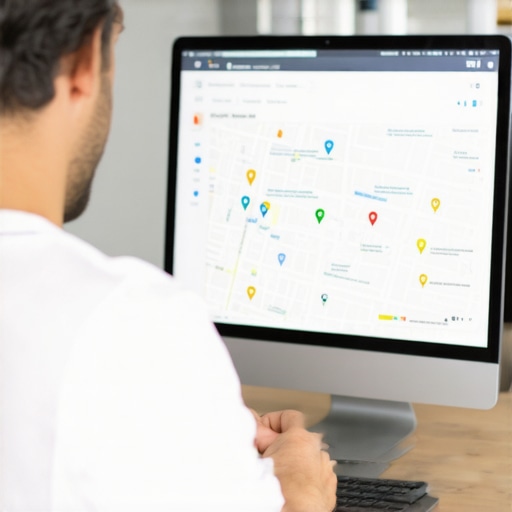 Business owner editing Google My Business profile on laptop with local maps