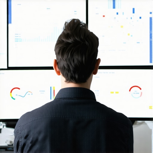 Monitoring Local SEO Tools Workflow A person analyzing local SEO performance dashboards on multiple monitors.