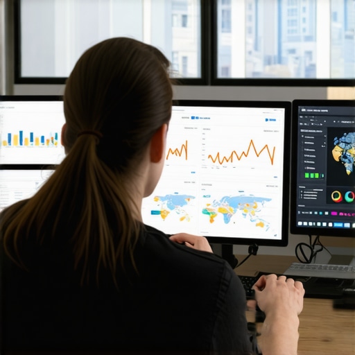 Analyzing Local SEO Data A person reviewing multiple screens with maps and ranking metrics for local SEO