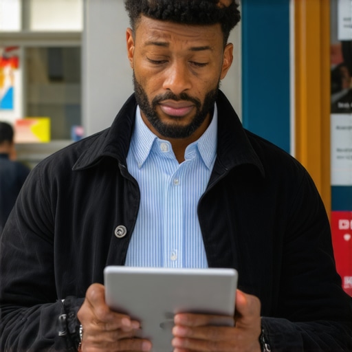 Business owner gathering real reviews from customers on a tablet outside the storefront.