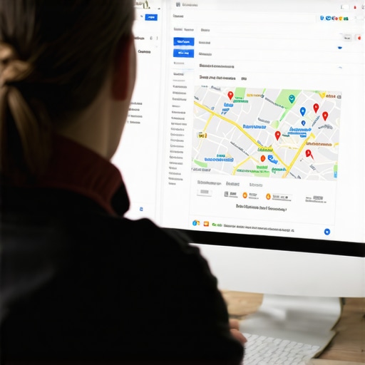 Business owner updating GMB profile on computer with local map interface
