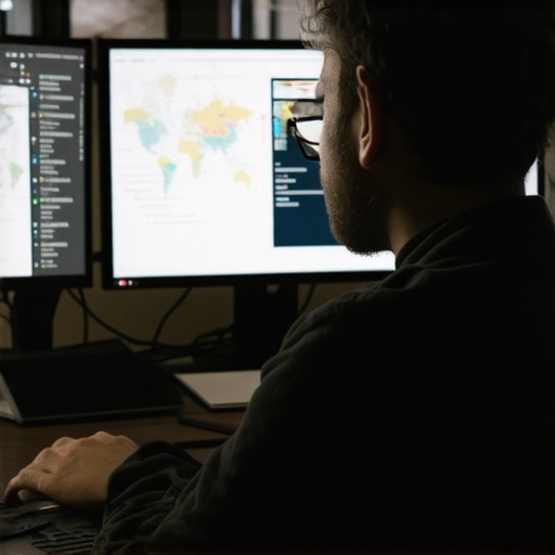 A digital marketing professional analyzing local SEO rankings with multiple devices and maps on screen