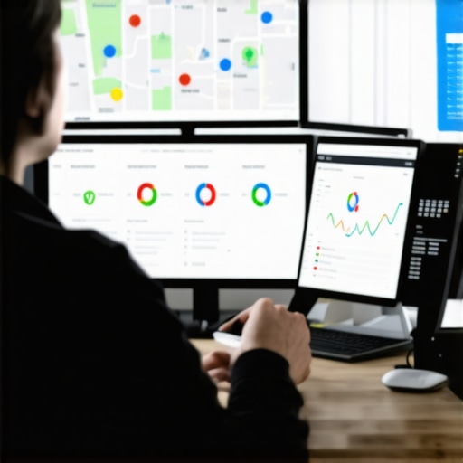 Advanced Local SEO Tools Dashboard Person reviewing local SEO performance metrics on a computer screen.
