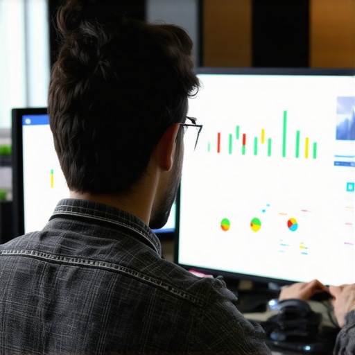 A professional marketer reviewing detailed local SEO data and maps on multiple monitors in an office.