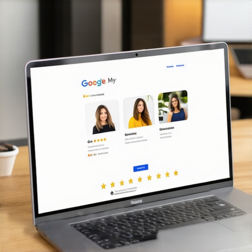 Business owner working on updating Google My Business profile on laptop, showcasing reviews and photos.