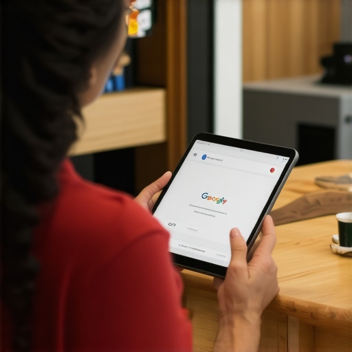Business owner interacting with customers and managing Google My Business profile on digital devices in a busy storefront.