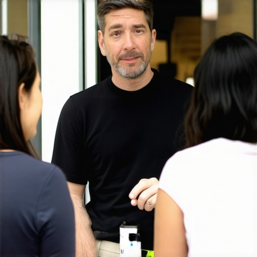 Business owner engaging with customers outside store for local SEO signals.