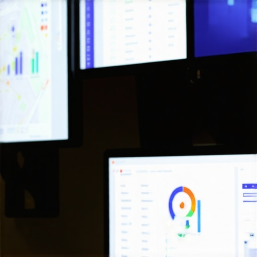 Marketing professional reviewing maps SEO analytics on multiple screens.