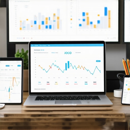 Desk setup with analytics dashboards displaying foot traffic and local SEO metrics.