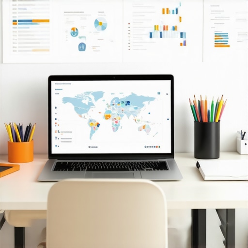 A workspace featuring SEO analytics tools, maps tracking dashboards, and a laptop showing local search data