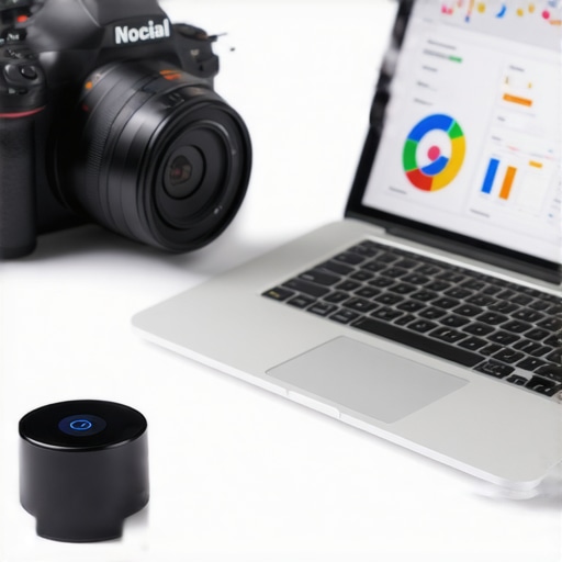 A DSLR camera, Bluetooth beacon device, and laptop showing local SEO data, illustrating tools used to maintain Google Maps visibility.