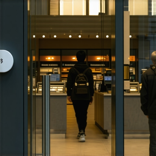 Business storefront with Bluetooth beacons transmitting signals to nearby smartphones.